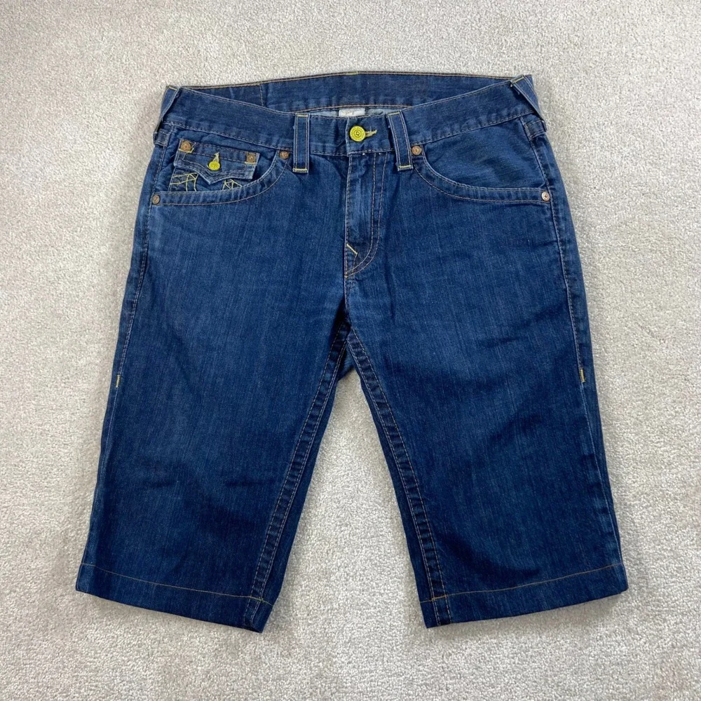 True Religion Denim Shorts Mens 34 (Fits 36) Blue Contrast Stitch Made in USA